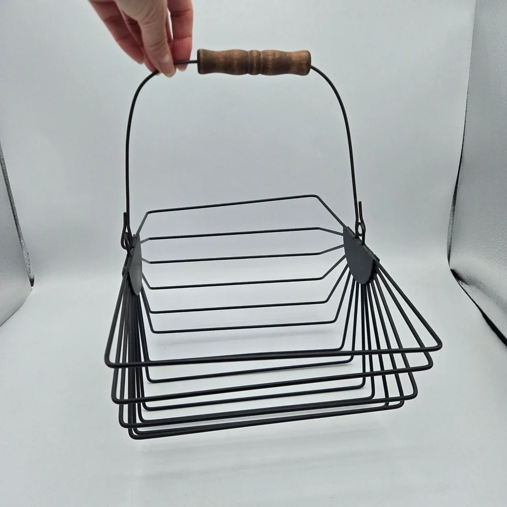 Vintage Wire Egg Fruit Basket with Wood Handle Black Metal Fan Design Farmhouse